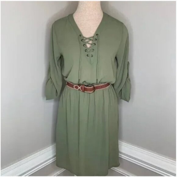 MOSSIMO SUPPLY CO Women's Lace Up V-Neck 3/4 Sleeves Green Shirt Dress Small - Picture 1 of 6